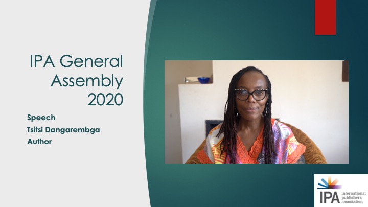 Tsitsi Dangarembga when she delivered her address to the 2020 IPA General Assembly