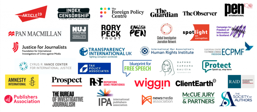Logo cloud of signatories of the UK Anti-SLAPP coalition model anti-SLAPP Law