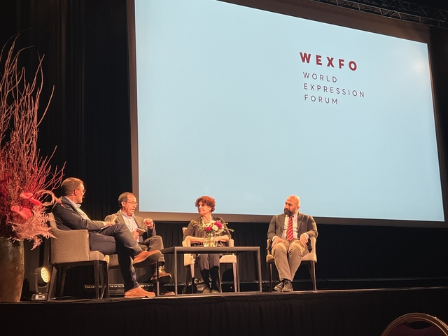 World Expression Forum 2023 Panel discussion featuring Rasha Al Ameer (Dar Al Jadeed, Lebanon) and Burhan Sönmez (PEN International)