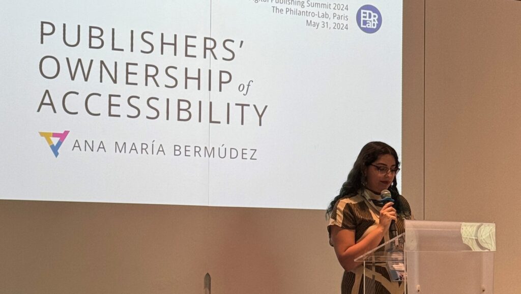 Ana María Bermúdez Salomón speaking at DPUB Summit 2024 in Paris. Credit L Brady