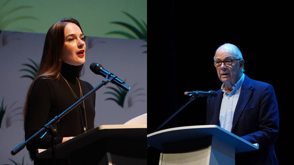 Composite image of Oleksandra Matviichuk and Enrique Krauze delivering keynote speeches at the 34th International Publishers Congress