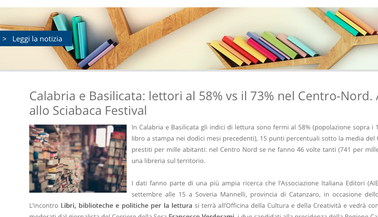 Screenshot of the Italian Publishers Association website on regional reading rates